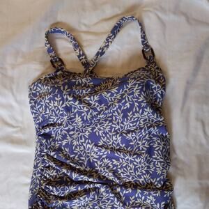 Lands End Swimsuit Women's 16 Purple Ivory Floral Padded Bra Swim One Piece